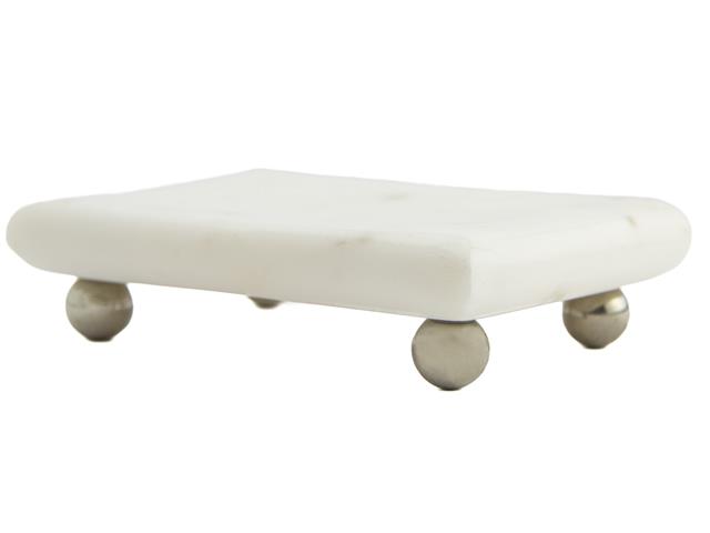 MAEVE WHITE MARBLE RECT. SOAP DISH WITH BLACK METAL FEET