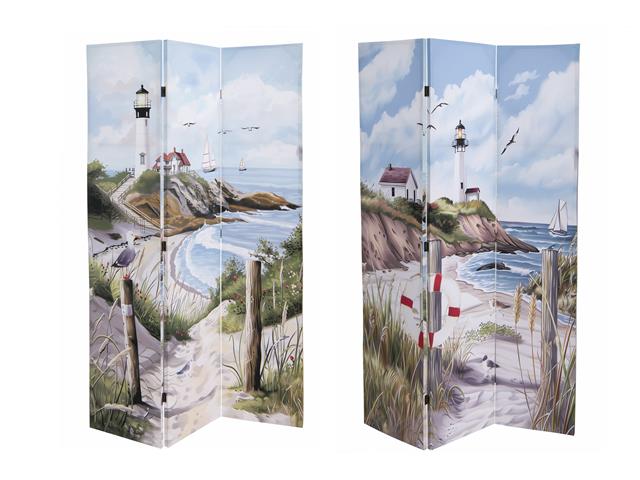 DOUBLE SIDED 3 PANEL CANVAS SCREEN (LIGHTHOUSE BY THE COAST)