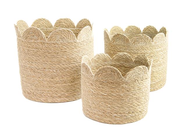 3PC ROUND SEAGRASS SCALLOP EDGE BASKET (NATURAL)