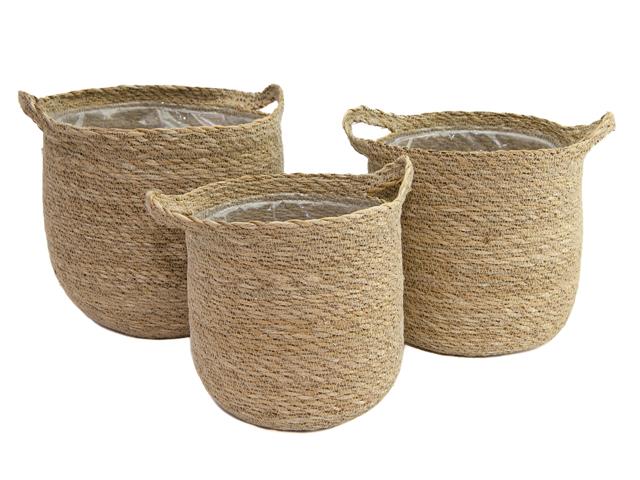 3PC ROUND SEAGRASS PLANTER WITH HANDLE (NATURAL)