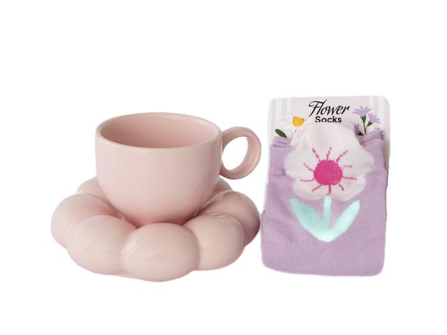 CERAMIC MUG WITH FLORAL SAUCER AND SOCKS GIFT SET