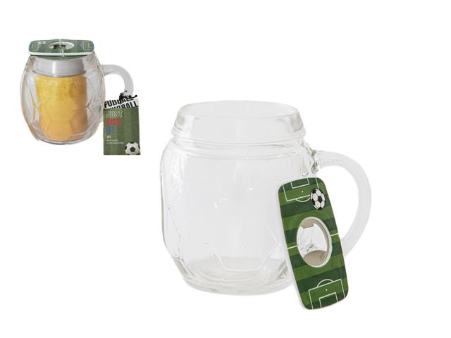 GLASS SOCCER BEER MUG WITH BOTTLE OPENER GIFT SET