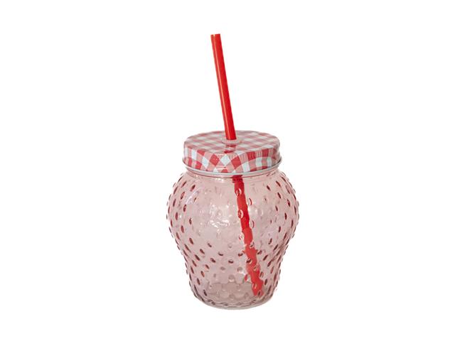 GLASS STRAWBERRY CUP WITH STRAW