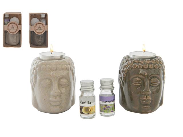 CERAMIC OIL BURNER GIFT SET (BUDDHA HEAD) (ASSTD)