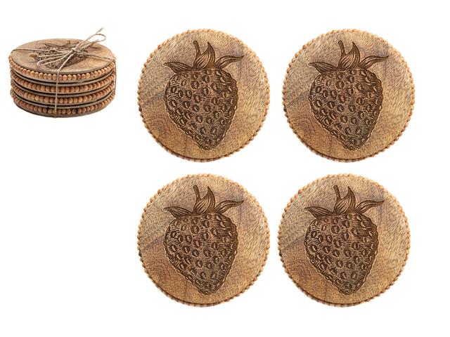 SET OF 4 BEADED ROUND STRAWBERRY ETCHED COASTERS