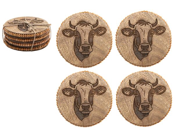 SET OF 4 BEADED ROUND BULL ETCHED COASTERS