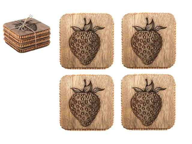 SET OF 4 BEADED SQUARE STRAWBERRY ETCHED COASTERS