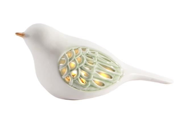 LED PORCELAIN WHITE & GREEN BIRD FIGURINE