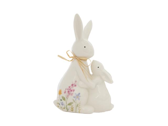 PORCELAIN WHITE HUGGING RABBITS WITH FLORAL FIGURINE