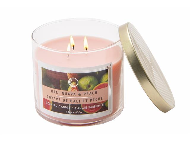 14 OZ 3 WICK JAR CANDLE WITH LID (BALI GUAVA & PEACH)
