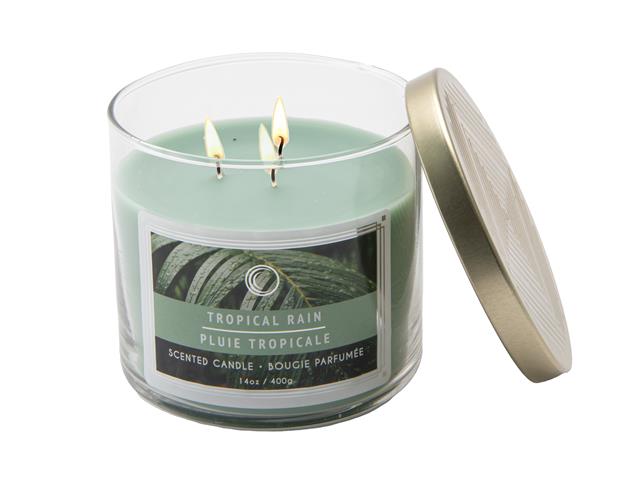14 OZ 3 WICK JAR CANDLE WITH LID (TROPICAL RAIN)