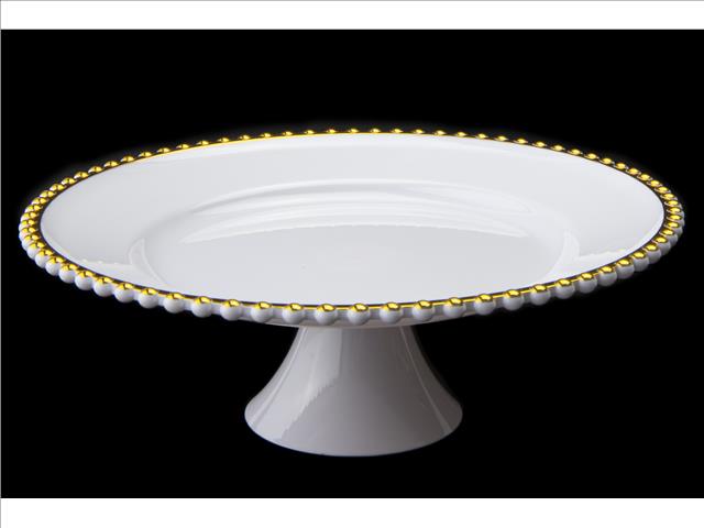 BEADED RIM CAKE STAND (WHITE AND GOLD)