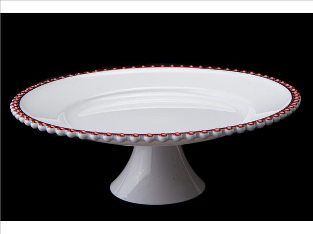 BEADED RIM CAKE STAND (WHITE AND RED)