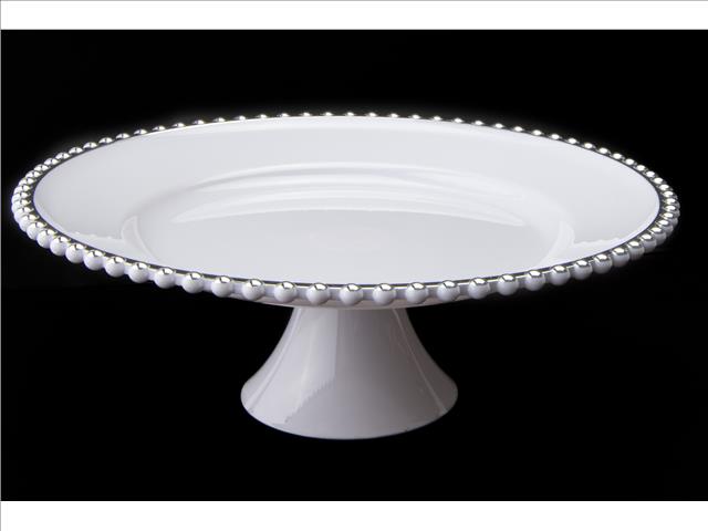 BEADED RIM CAKE STAND (WHITE AND SILVER)