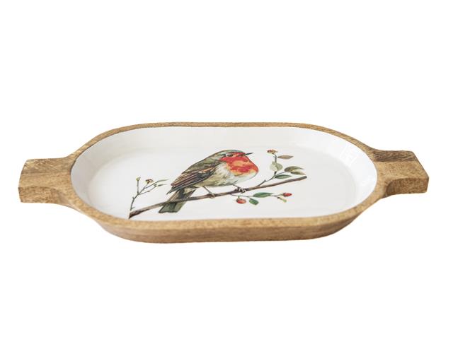 WOODEN & ENAMEL SERVING PLATTER WITH BIRD ON BRANCH