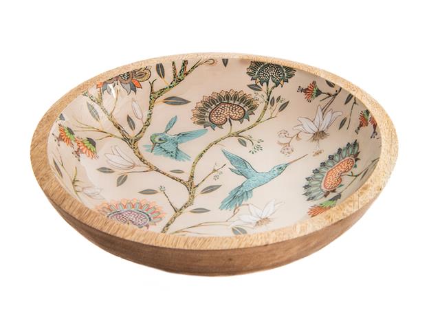 WOODEN & ENAMEL BOWL W/ BIRDS AND FLOWERS