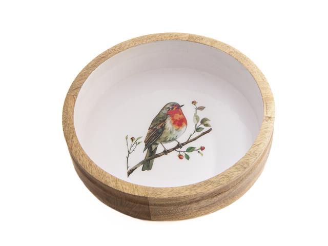 WOODEN & ENAMEL BOWL WITH BIRD ON A BRANCH