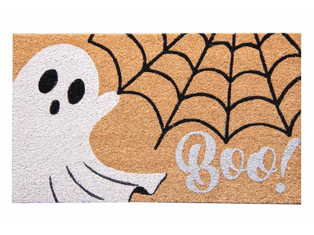 COIR DOOR MAT (GHOST AND COBWEBS - BOO!  - WITH GLITTER)