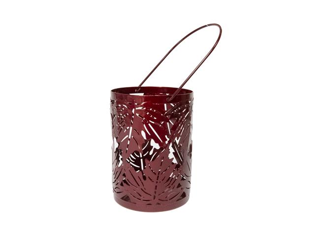 BURGUNDY METAL CANDLE HOLDER WITH LEAF CUTOUT