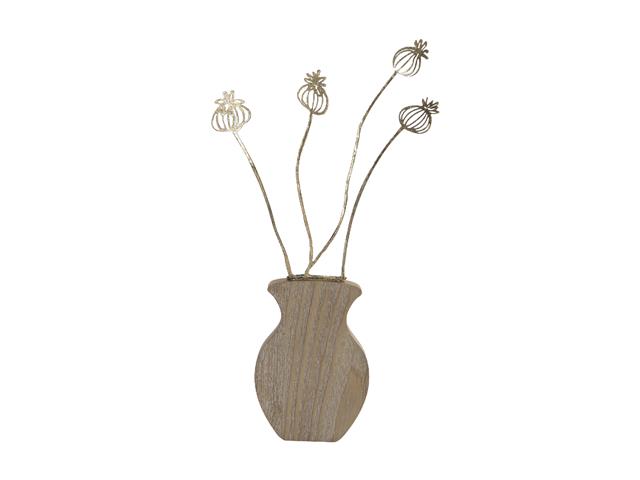 METAL DÉCOR ON WOOD BASE (POPPY SEED HEAD BOUQUET) (GOLD)