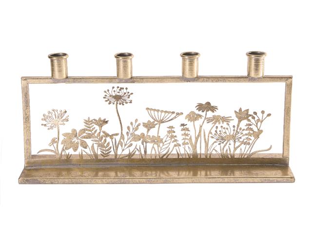 METAL FLORAL CUTOUT WITH 4 CANDLE HOLDER (BRASS)
