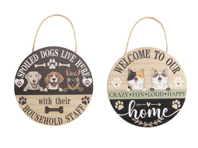 ROUND HANGING WOOD WALL SIGN (DOG/CAT) (ASSTD)