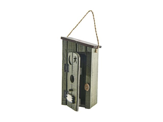 WOODEN GREEN OUTHOUSE BIRDHOUSE