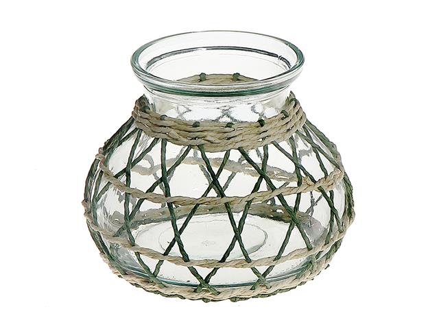 LANA PAPER ROPE GLASS POT CANDLE HOLDER (MEDIUM) (GREEN/BEIGE)