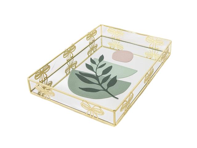 METAL BOW FRAMED PRINTED GLASS RECT. TRAY