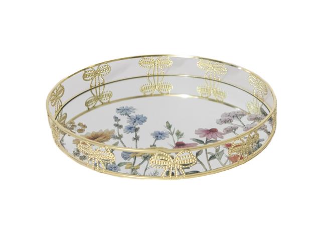 METAL BOW FRAMED PRINTED GLASS ROUND TRAY