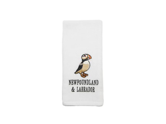 EMBROIDERED WHITE WAFFLE KITCHEN TOWEL (PUFFIN)
