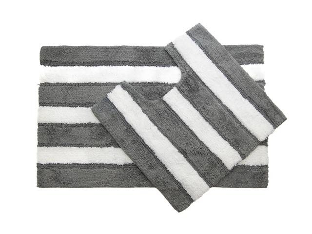 2PC COTTON-POLY BATH MAT SET (WHITE/GREY STRIPES)