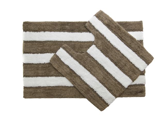 2PC COTTON-POLY BATH MAT SET (WHITE/TAUPE STRIPES)