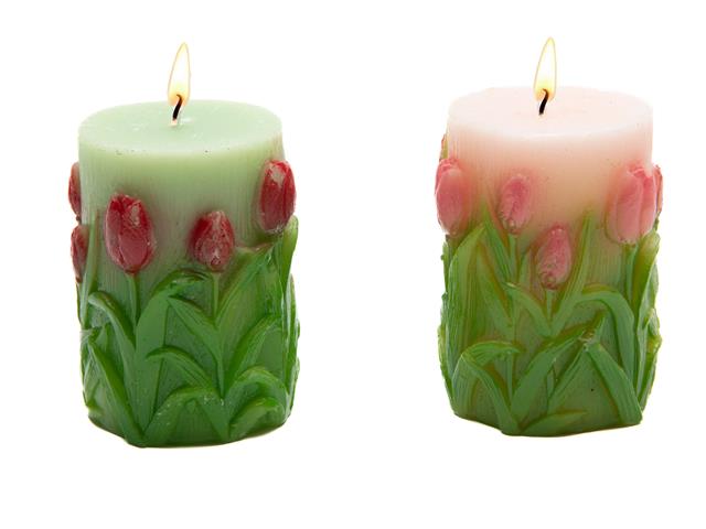 UNSCENTED TULIPS ENGRAVED PILLAR CANDLE (SMALL)(ASSTD)