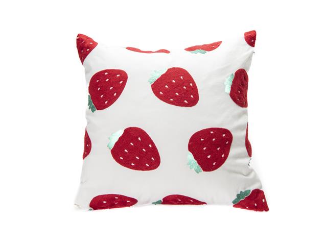 COTTON EMBROIDERED SQUARE CUSHION (BIG STRAWBERRIES)