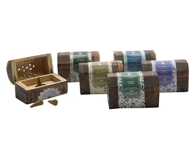 ETHEREAL MANGO WOOD BOX WITH 10 INCENSE CONES (ASSTD)