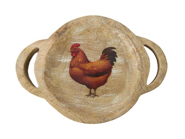 MANGO WOOD ENAMEL-COATED ROUND TRAY (ROOSTER PRINT)