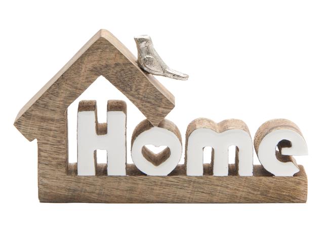 MANGO WOOD DECOR WITH METAL BIRD ACCENT & ENAMEL HOME