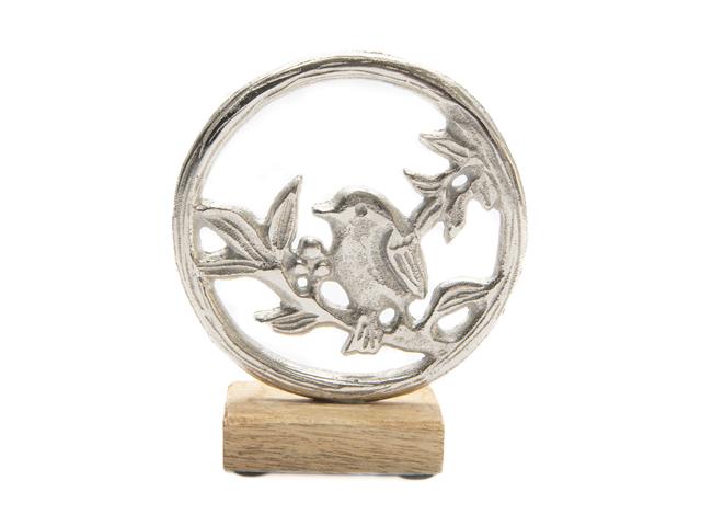 METAL BIRD IN RING FRAME WITH WOODEN BASE