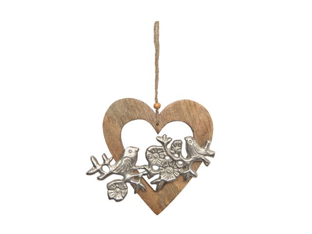 HANGING METAL BIRD IN WOODEN HEART FRAME