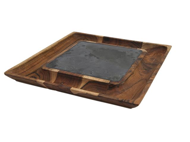 ACACIA WOOD AND SLATE STONE SERVING TRAY