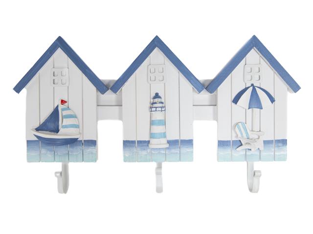 BLUE COASTAL WOOD TRIPLE HOUSE WALL HOOK