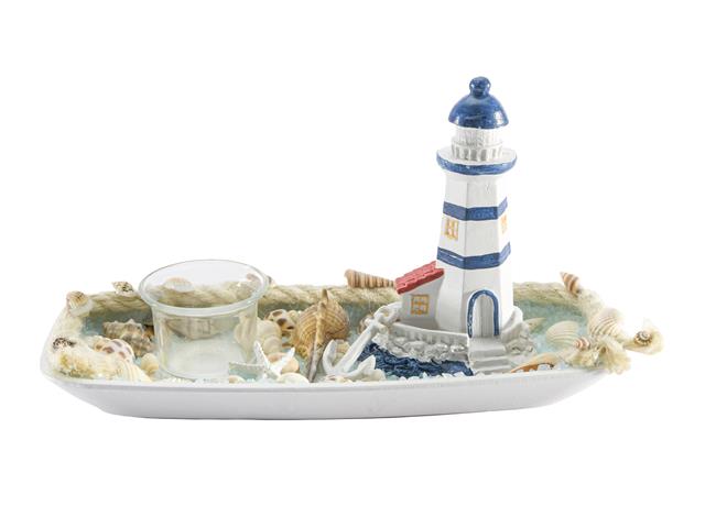 BLUE COASTAL LIGHTHOUSE TEALIGHT HOLDER DECOR