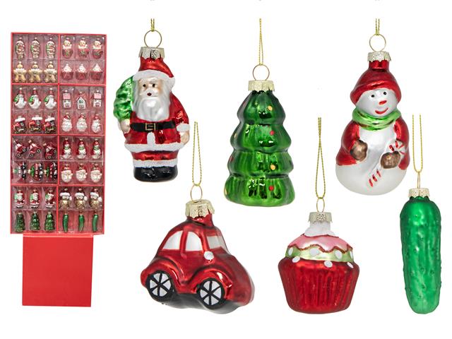 48PC ASSORTED GLASS ORNAMENTS IN DISPLAY