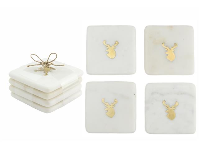 WHITE MARBLE SQUARE COASTER W/ BRASS INLAY (DEER HEAD)(SET OF 4)
