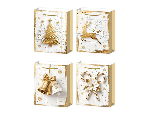 CHRISTMAS GIFT BAGS (WHITE WOOD & GOLD ICONS) (ASSTD) (MEDIUM)