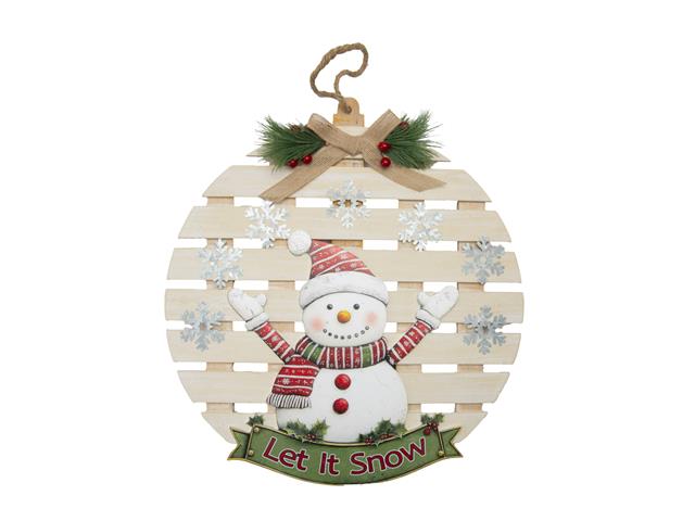 ROUND WOODEN SLAT HANGER (SNOWMAN - MERRY CHRISTMAS)