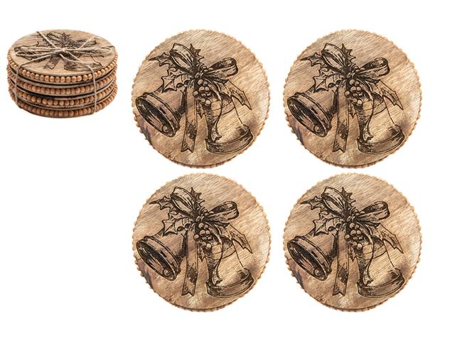 BEADED ROUND ETCHED COASTERS (BELLS W/ RIBBON) (SET OF 4)