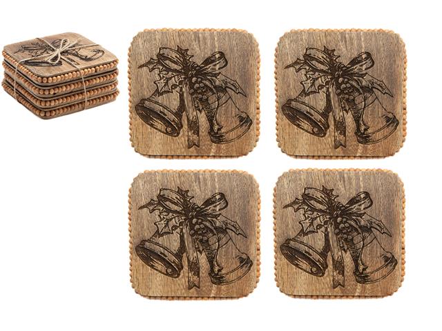 BEADED SQUARE ETCHED COASTERS (BELLS W/ RIBBON) (SET OF 4)