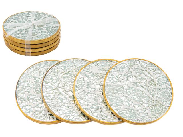 MIRROR MOSAIC ROUND COASTER WITH GOLD ACCENT (SET OF 4)
